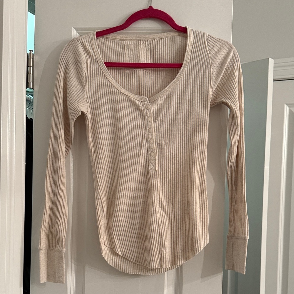 Aerie Cream Ribbed Henley Top